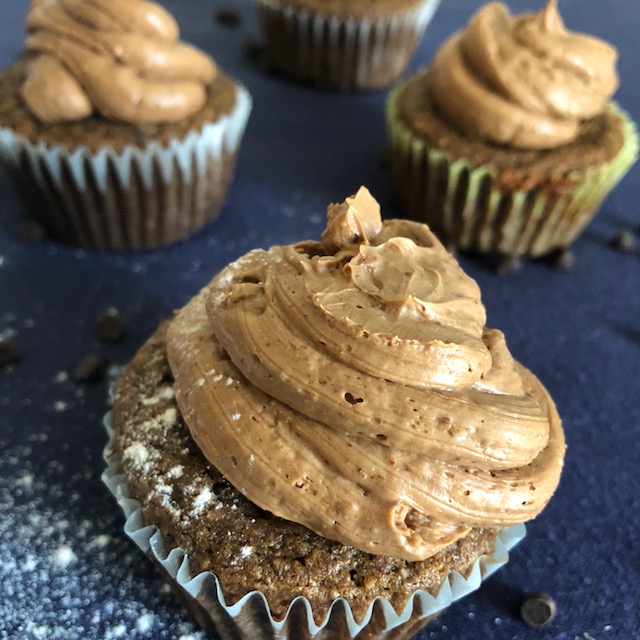 Grain-Free Chocolate-Chocolate Chip Cupcakes with Almond Butter Chocolate Frosting