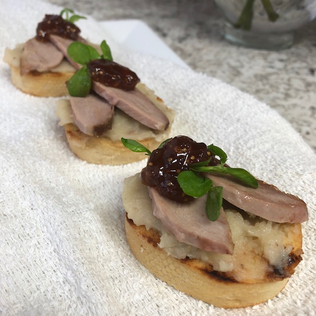 Grilled Bruschetta with Duck Confit and Fig Preserves