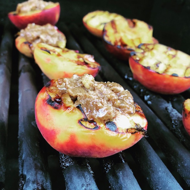 Grilled Bourbon Soaked Peaches with a Vanilla Butter Crumb Topping
